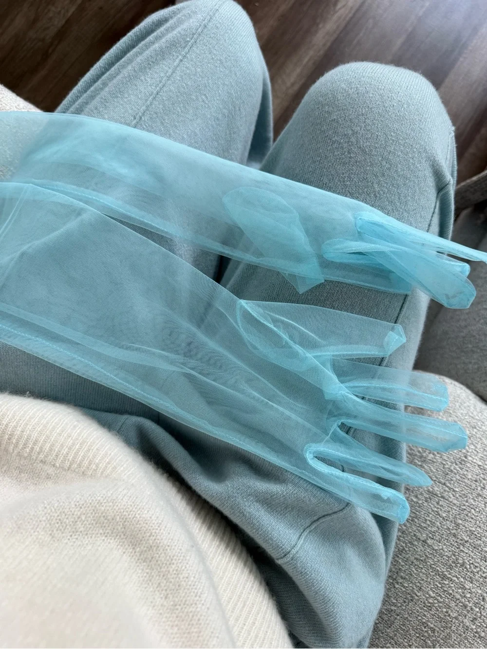 Sheer Light Blue Ruched Gloves